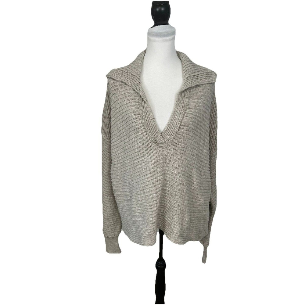 Free People Sweater Top Size M Beige Hi Low Hem V Neck Chunky Knit Cropped Top